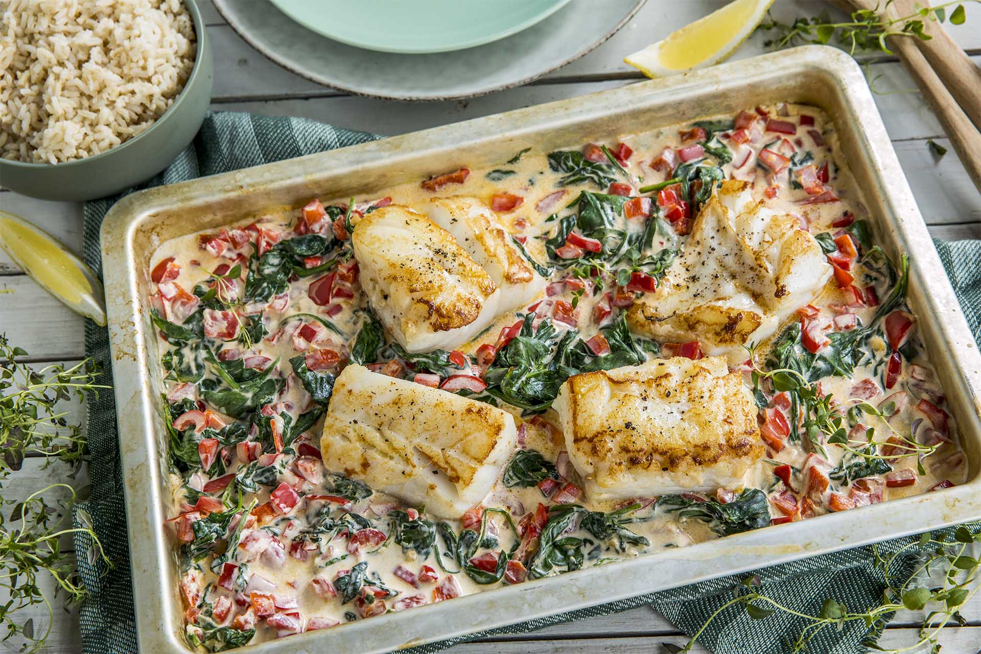 Ovnsbakt torsk med spinat og paprika