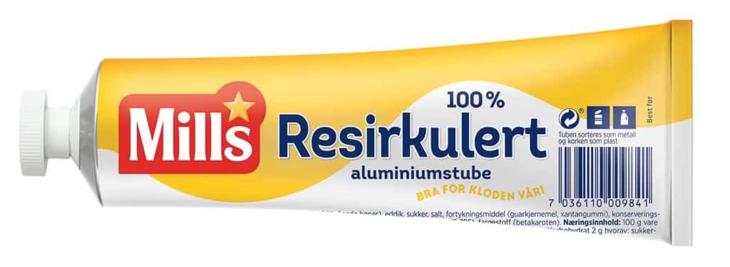 Mills majones-tube med skriften "Resirkulert" på baksiden. 